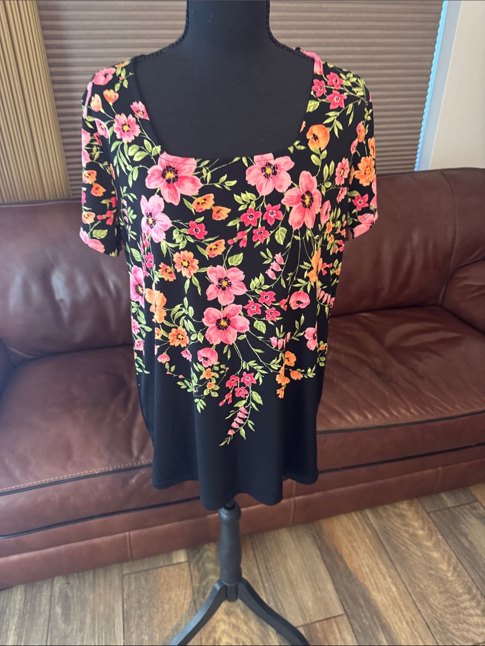 Susan Graver Black Short-Sleeve Scoop Neck Top with Pink & Orange Floral Print